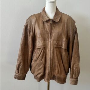 Vtg 70s Italian Distressed Leather Bomber Jacket Padded Shoulders M Brown Zip